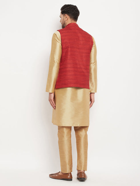 Vastramay Men's Maroon Matka Silk Nehru Jacket With Rose Gold Silk Blend Kurta and Pant style Pyjama Set